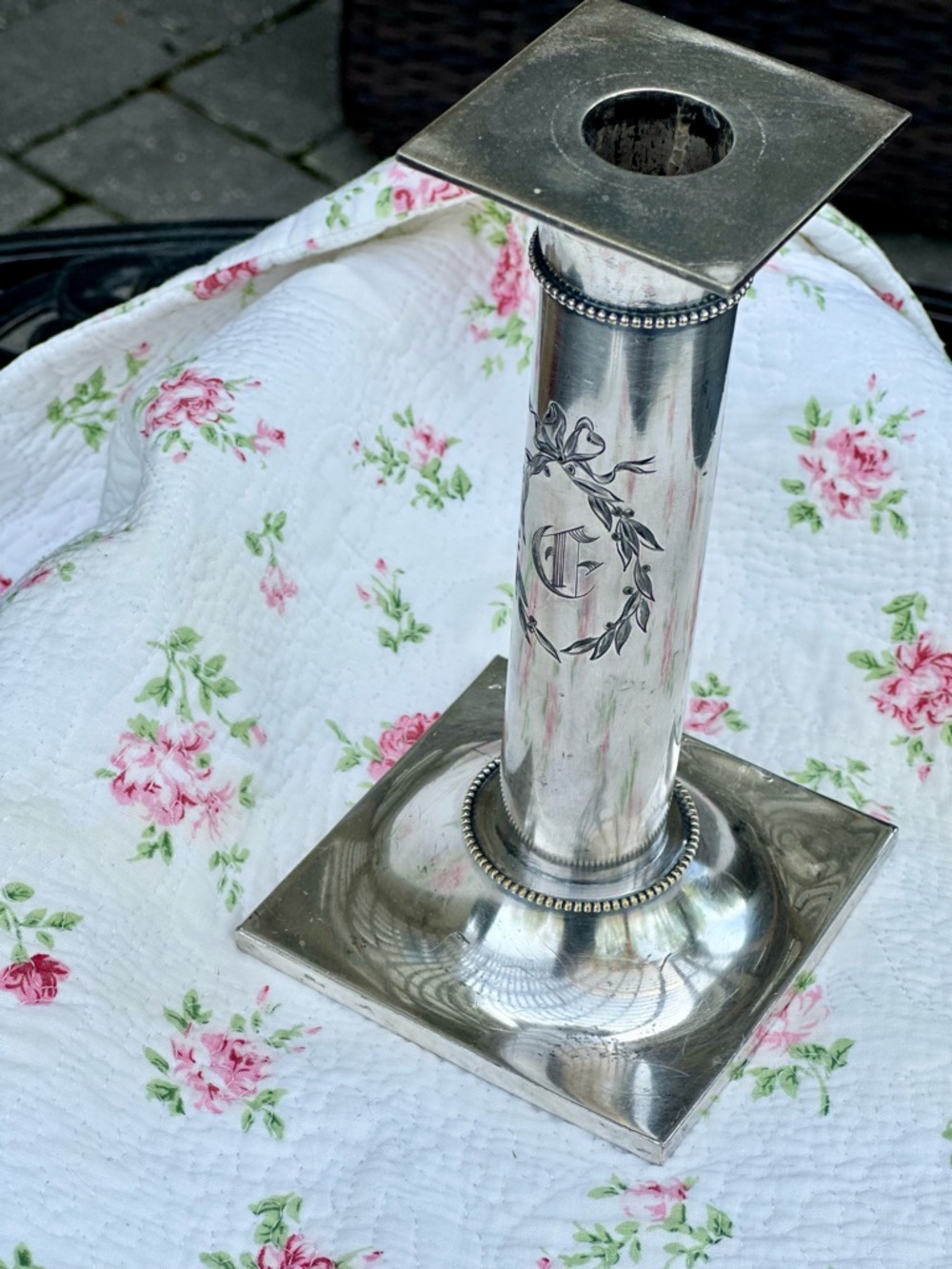 Vintage Pairpoint Silverplate Candlesticks Engraved Monogram Deco Pair - Picture 7 of 12